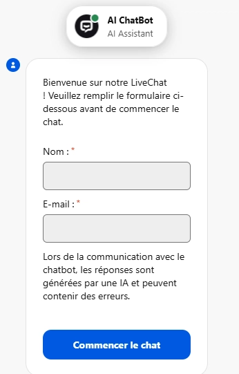 Chat d'assistance Ringospin avec formulaire de connexion à l'AI ChatBot