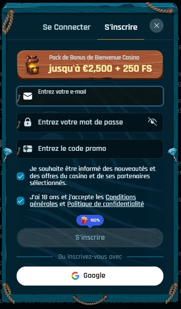 Formulaire d'inscription Ringospin avec code promo et confirmation de l'âge