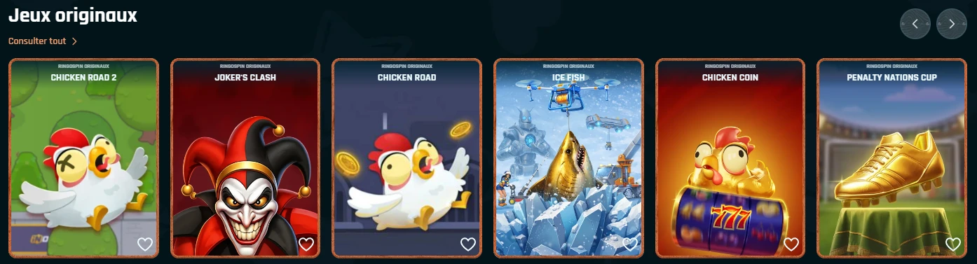 Jeux originaux Ringospin avec Chicken Road, Chicken Road 2, Joker's Clash, Ice Fish et Chicken Coin