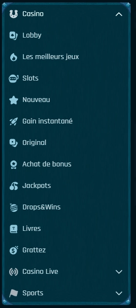 Menu du casino Ringospin avec les catégories de jeux et le casino live
